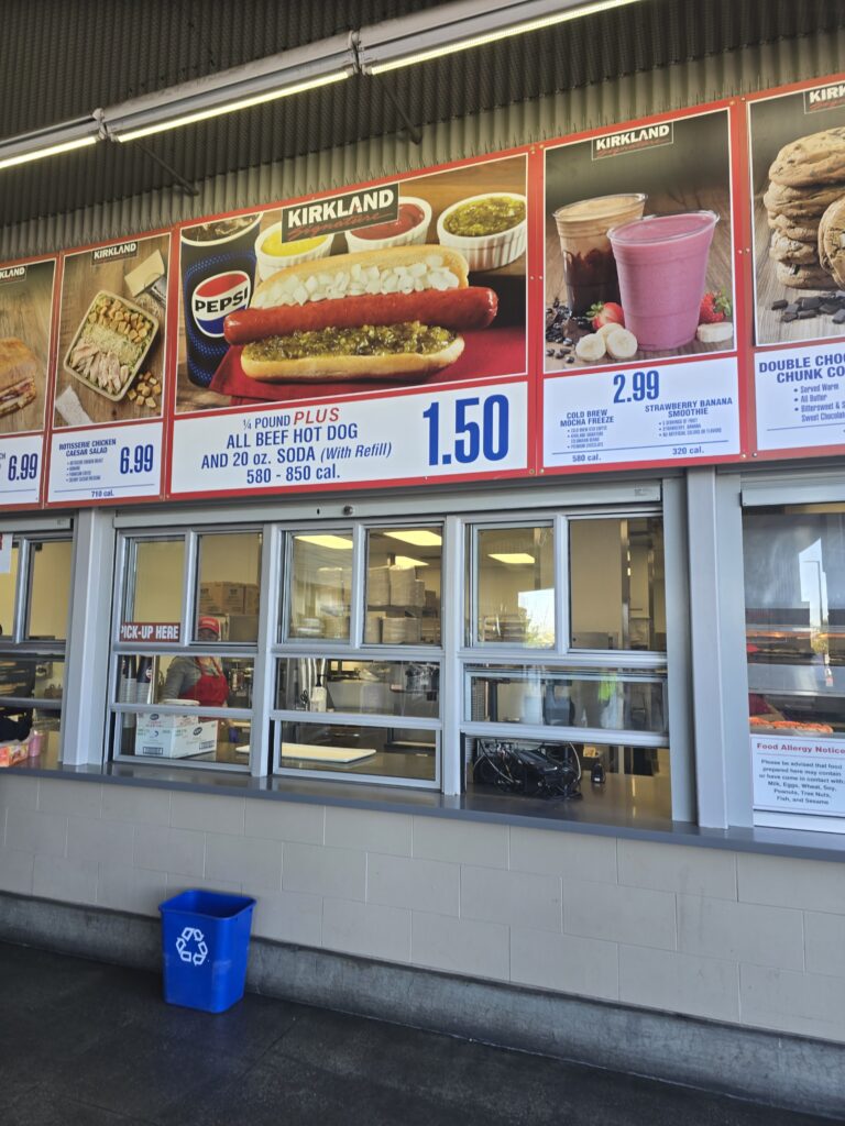 Costco food court offers a $1.50 hot dog and soda combo with a variety of affordable Kirkland menu items