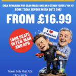 Ryanair Big Idiot Seat Sale promotional banner featuring caricatures of Elon Musk and Michael O'Leary with £16.99 flight deals