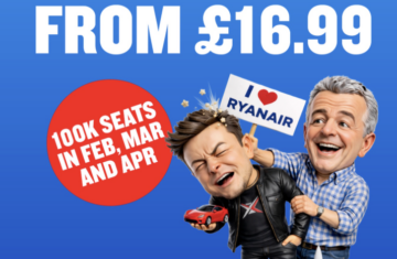 Ryanair Big Idiot Seat Sale promotional banner featuring caricatures of Elon Musk and Michael O'Leary with £16.99 flight deals