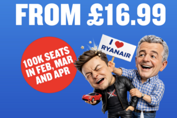 Ryanair Big Idiot Seat Sale promotional banner featuring caricatures of Elon Musk and Michael O'Leary with £16.99 flight deals