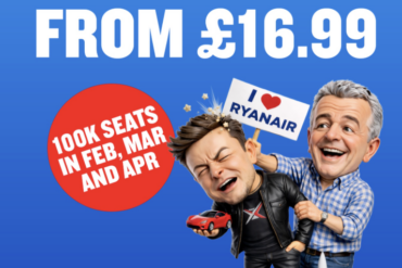 Ryanair Big Idiot Seat Sale promotional banner featuring caricatures of Elon Musk and Michael O'Leary with £16.99 flight deals