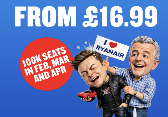 Ryanair Big Idiot Seat Sale promotional banner featuring caricatures of Elon Musk and Michael O'Leary with £16.99 flight deals
