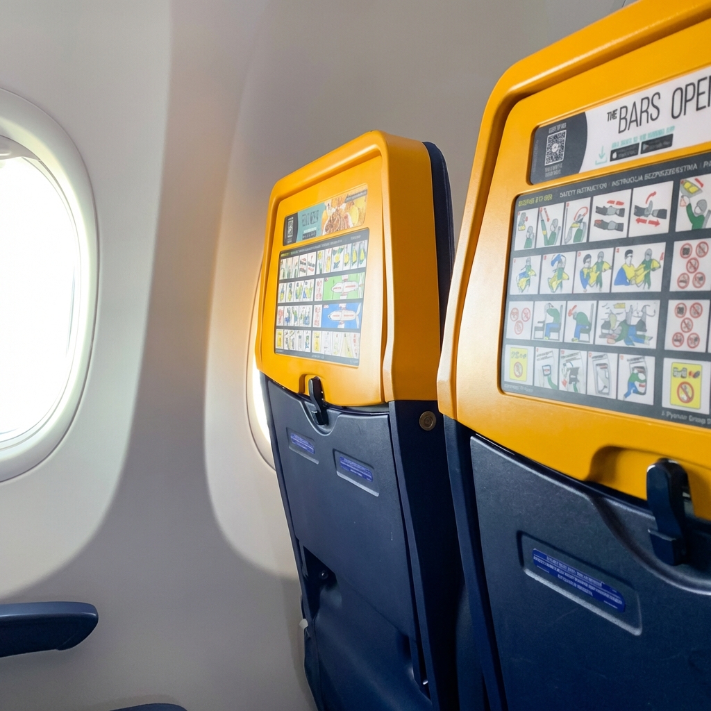 Inside a Ryanair cabin showing iconic yellow seat backs with safety cards and onboard advertising