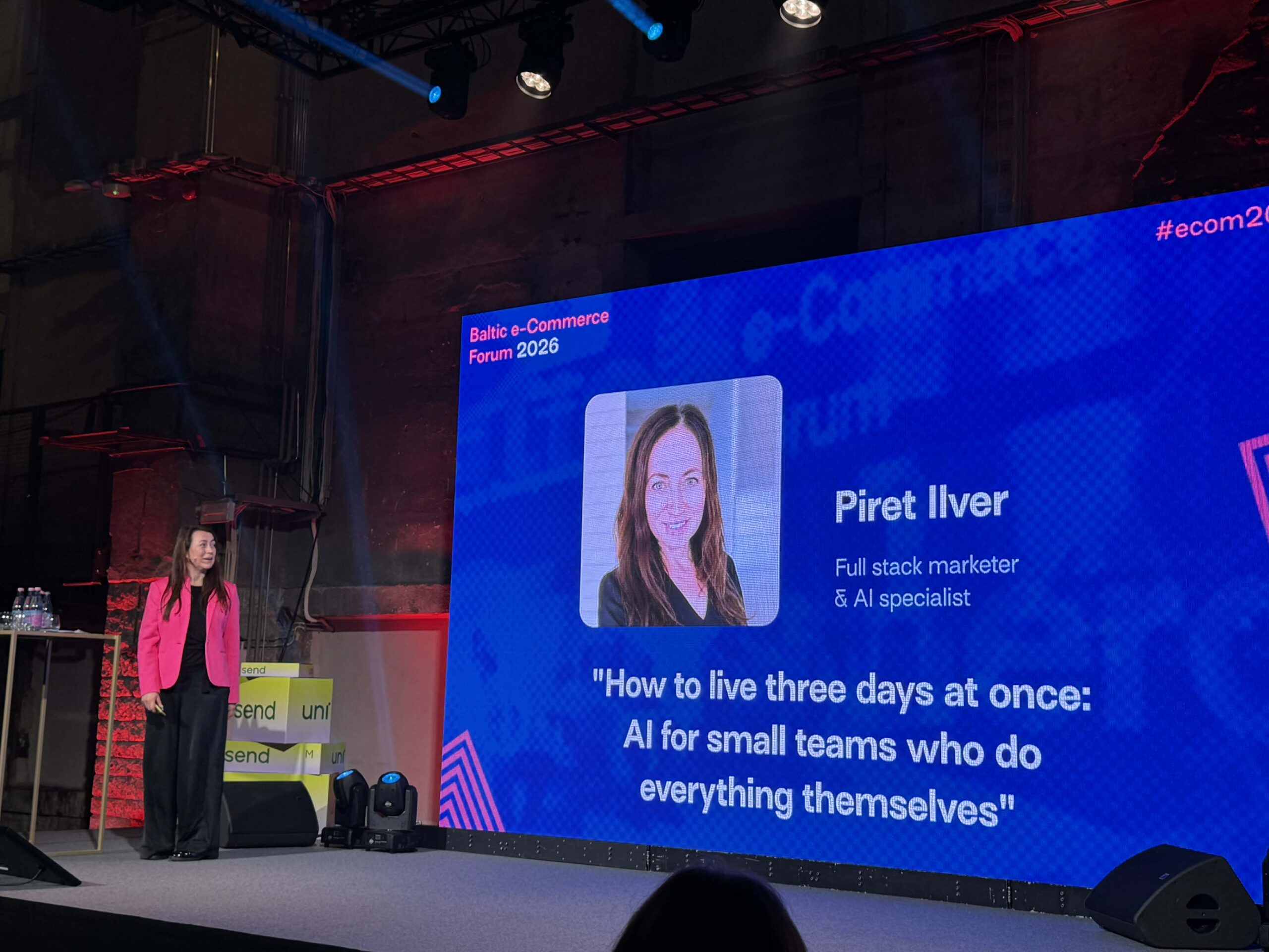 Piret Ilver on stage at Baltic e-Commerce Forum 2026 with title slide